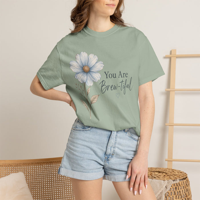 You Are Brew-tiful Floral Coffee T-Shirt — Cute Blue Daisy Pun Tee (Gift-Ready)