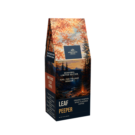 Leaf Peeper organic pumpkin spice flavored coffee bag with autumn forest and mountain scene