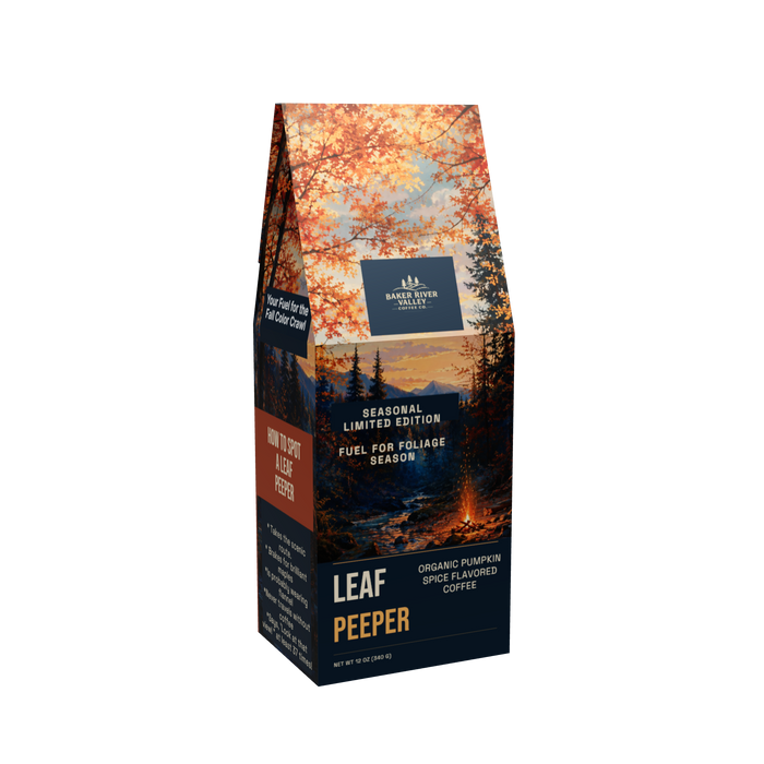 Leaf Peeper organic pumpkin spice flavored coffee bag with autumn forest and mountain scene